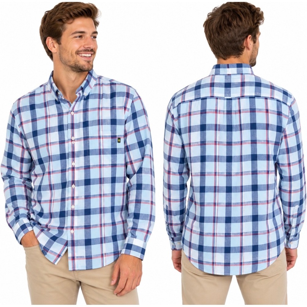 Chubbies Men's XXL Plaid Button Down Shirt Blue Pink Stretch Cotton Long Sleeve
